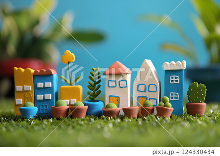 芝生の上の粘土でできた可愛い家とマンション（3D） 124330434