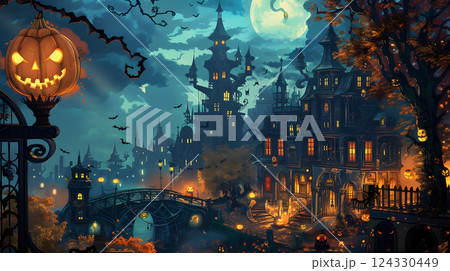 Beautiful festive background for Halloween with pumpkins. AI Generated 124330449