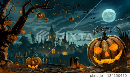 Beautiful festive background for Halloween with pumpkins. AI Generated 124330450
