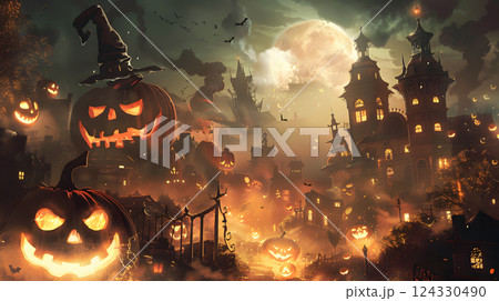 Beautiful festive background for Halloween with pumpkins. AI Generated 124330490