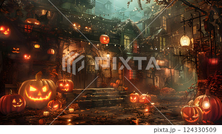 Beautiful festive background for Halloween with pumpkins. AI Generated 124330509