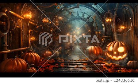 Beautiful festive background for Halloween with pumpkins. AI Generated 124330510