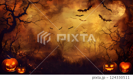 Beautiful festive background for Halloween with pumpkins. AI Generated 124330511