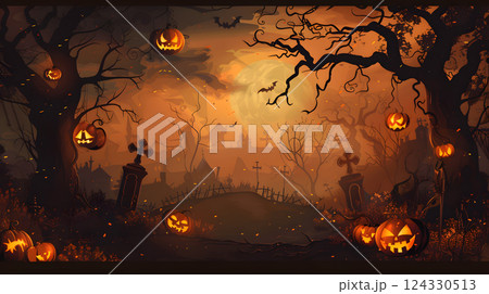 Beautiful festive background for Halloween with pumpkins. AI Generated 124330513