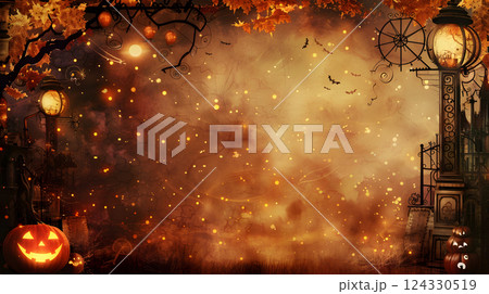 Beautiful festive background for Halloween with pumpkins. AI Generated 124330519