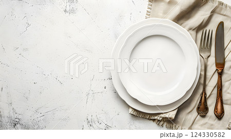 Cutlery, fork, knife, spoon and empty plate on a colored background. AI Generated Cutlery, fork, knife, spoon and empty plate on a colored background. AI Generated 124330582