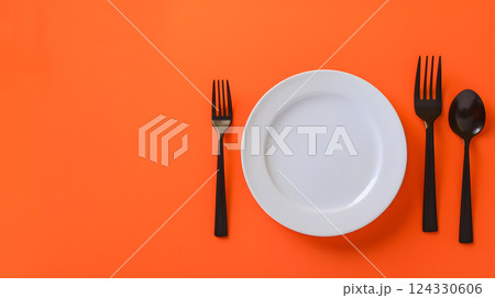 Cutlery, fork, knife, spoon and empty plate on a colored background. AI Generated 124330606