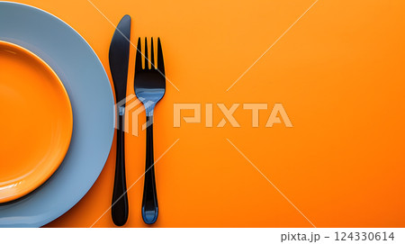 Cutlery, fork, knife, spoon and empty plate on a colored background. AI Generated 124330614