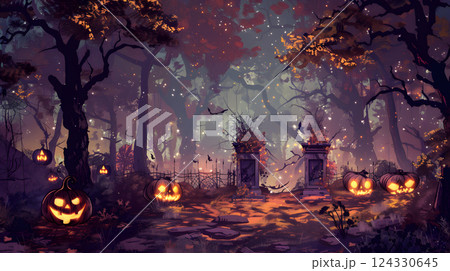 Beautiful festive background for Halloween with pumpkins. AI Generated 124330645