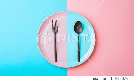 Cutlery, fork, knife, spoon and empty plate on a colored background. AI Generated Cutlery, fork, knife, spoon and empty plate on a colored background. AI Generated 124330762