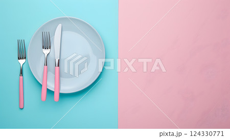Cutlery, fork, knife, spoon and empty plate on a colored background. AI Generated Cutlery, fork, knife, spoon and empty plate on a colored background. AI Generated 124330771