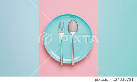Cutlery, fork, knife, spoon and empty plate on a colored background. AI Generated 124330781