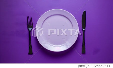 Cutlery, fork, knife, spoon and empty plate on a colored background. AI Generated 124330844