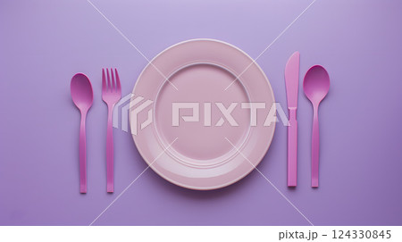 Cutlery, fork, knife, spoon and empty plate on a colored background. AI Generated 124330845