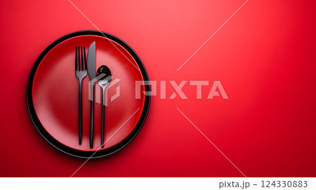 Cutlery, fork, knife, spoon and empty plate on a colored background. AI Generated 124330883