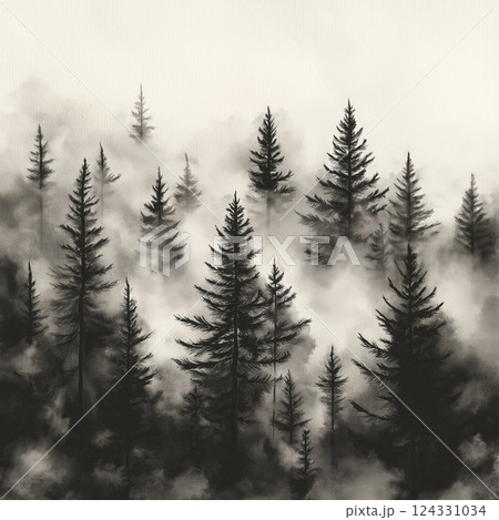 Fog is rolling through a misty forest of tall pine trees, creating a mysterious and atmospheric scene 124331034