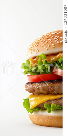 Classic cheeseburger with melted cheese, beef patty, fresh tomato, lettuce and sesame seed bun isolated on a white background 124331087