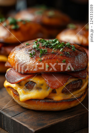 Gourmet mini burgers with melted cheddar cheese, crispy bacon, and toasted buns with herbs create an irresistible culinary experience Gourmet mini burgers with melted cheddar cheese, crispy bacon, and toasted buns with herbs create an irresistible culinary experience 124331089