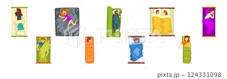People Sleeping in Beds with Pillow Under Blanket Vector Set People Sleeping in Beds with Pillow Under Blanket Vector Set 124331098
