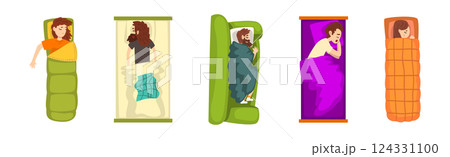 People Sleeping in Beds with Pillow Under Blanket Vector Set 124331100