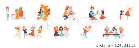 Little Children Celebrate Birthday Party Enjoy Holiday Vector Set 124331115