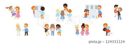 Angry Warring Boy and Girl Kid Bullying Weak Agemate Vector Set Angry Warring Boy and Girl Kid Bullying Weak Agemate Vector Set 124331124