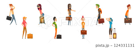 Man and Woman Travel with Heavy Suitcase and Bag Vector Set 124331131