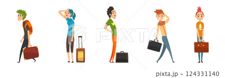 Man and Woman Travel with Heavy Suitcase and Bag Vector Set Man and Woman Travel with Heavy Suitcase and Bag Vector Set 124331140