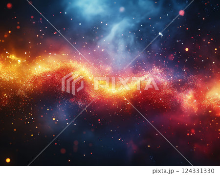 Abstract cosmic scene with sparkling bursts of light, glittering stars, and vibrant galaxy patterns. The dark night background 124331330