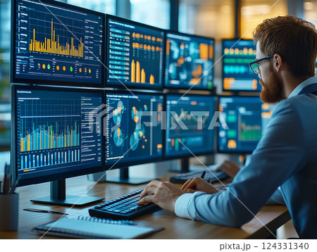 Man sitting at desk in modern office with computer monitor displaying business graphs, big data analytics, and programming code. Scene of technical work, investment analysis, and data-driven 124331340