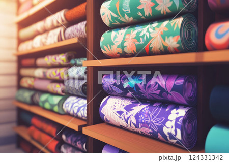 Fabric store with shelves filled with various textiles, fashionable atelier and clothing production. Perfect for themes of fashion design, tailoring, and creative craftsmanship. 124331342