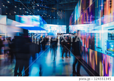 Tech exhibition with large screens displaying futuristic visuals, blurred crowds in motion, atmosphere of innovation. Scene of technology , perfect for modern tech themes 124331345