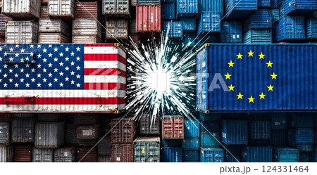 Sparks flying between two cargo containers with the american and EU flags, representing trade war, tarrifs and economic conflict 124331464