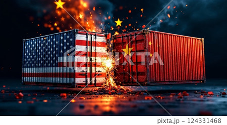 Sparks flying between two cargo containers with the american and chinese flags, representing trade war, tarrifs and economic conflict 124331468