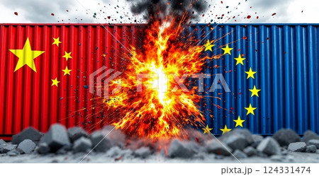 Sparks flying between two cargo containers with the EU and chinese flags, representing trade war, tarrifs and economic conflict 124331474