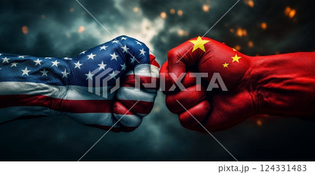 American and chinese flags painted on two fists hitting each other, representing the political and economic conflict between the two countries 124331483