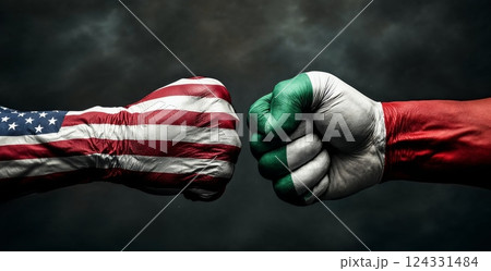 American and Mexican flags painted on two fists hitting each other, representing the political and economic conflict between the two countries 124331484