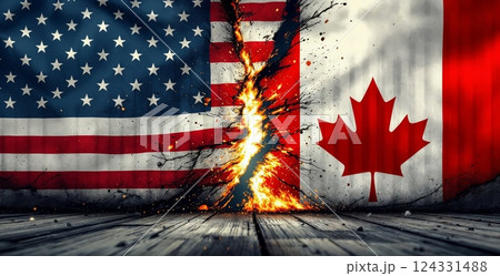 Fire erupting between american and canadian flags, representing trade disputes and international tensions. Trade war or tarrisf concept Fire erupting between american and canadian flags, representing trade disputes and international tensions. Trade war or tarrisf concept 124331488