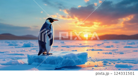 Emperor penguin standing on a melting iceberg in antarctica at sunset, symbolizing global warming and climate change 124331501