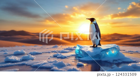 Emperor penguin standing on a melting iceberg in antarctica at sunset, symbolizing global warming and climate change Emperor penguin standing on a melting iceberg in antarctica at sunset, symbolizing global warming and climate change 124331509