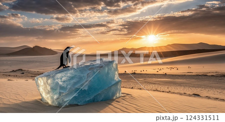 Emperor penguin standing on a melting iceberg in a hot desert environment at sunset, concept of global warming and climate change Emperor penguin standing on a melting iceberg in a hot desert environment at sunset, concept of global warming and climate change 124331511