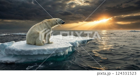 Polar bear sitting on a melting ice floe in a colorful sunset, symbolizing global warming and climate change concept Polar bear sitting on a melting ice floe in a colorful sunset, symbolizing global warming and climate change concept 124331523