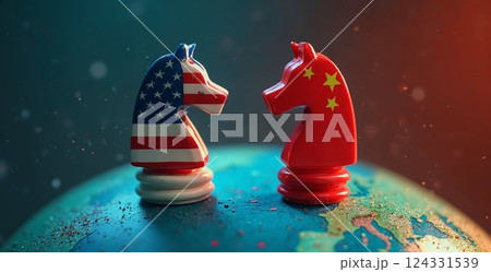 Chess figurines with us and china flags facing off on world map, symbolizing global competition and economic conflict. Deglobalization or multipolar world concept Chess figurines with us and china flags facing off on world map, symbolizing global competition and economic conflict. Deglobalization or multipolar world concept 124331539