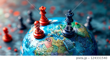 Chess figurines with us and china flags facing off on world map, symbolizing global competition and economic conflict. Deglobalization or multipolar world concept Chess figurines with us and china flags facing off on world map, symbolizing global competition and economic conflict. Deglobalization or multipolar world concept 124331540