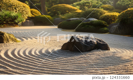石と砂に模様をつけてある日本庭園の風景 124331660