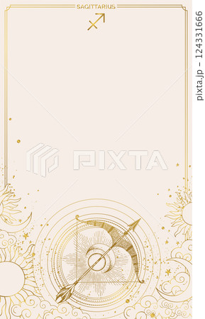 Sagittarius zodiac sign on beige aesthetic background with copy space, astrological symbols, modern horoscope chart. Mystical hand drawn vector illustration. Sagittarius zodiac sign on beige aesthetic background with copy space, astrological symbols, modern horoscope chart. Mystical hand drawn vector illustration. 124331666