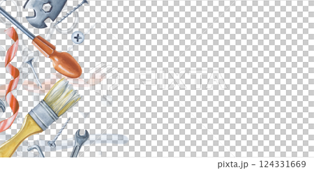 A horizontal frame with men's instruments, hand-drawn. A banner with space for the text. Watercolor illustration. Tools for home renovation. A horizontal frame with men's instruments, hand-drawn. A banner with space for the text. Watercolor illustration. Tools for home renovation. 124331669