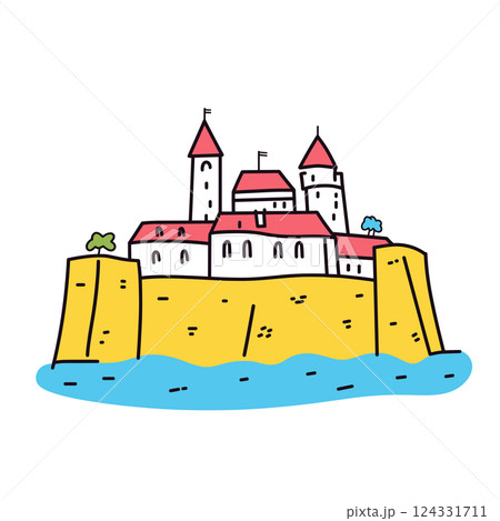 Mont Saint-Michel illustration in an doodle inca cartoon style. Simple minimalist drawing of Mont Saint-Michel 124331711