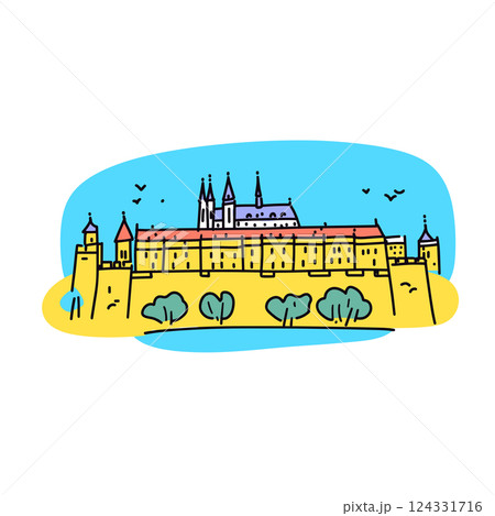 Prague Castle illustration in an doodle inca cartoon style. Simple minimalist drawing of Prague Castle Prague Castle illustration in an doodle inca cartoon style. Simple minimalist drawing of Prague Castle 124331716