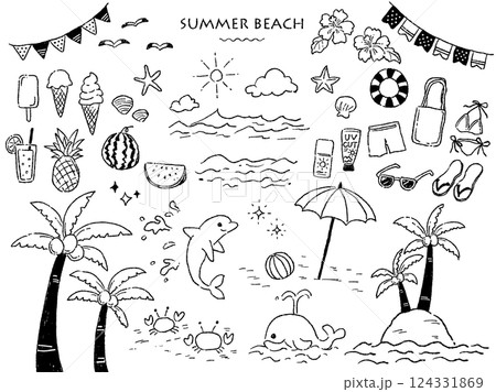 ラフな手描きタッチの夏のビーチセット(モノクロ線画) 124331869
